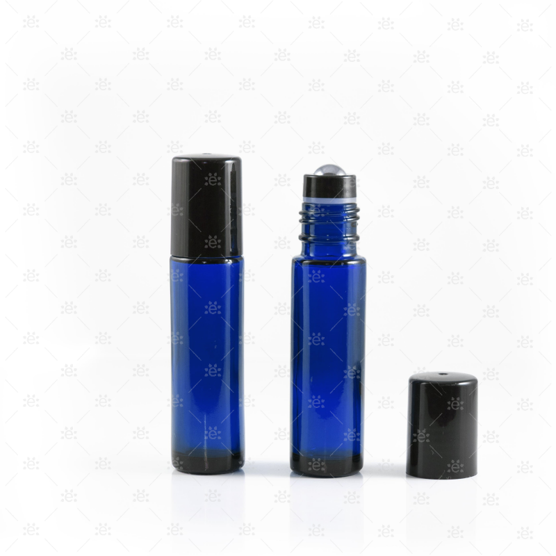 10Ml Blue Glass Roller Bottle With Black Lid & Premium Stainless Steel Rollerball