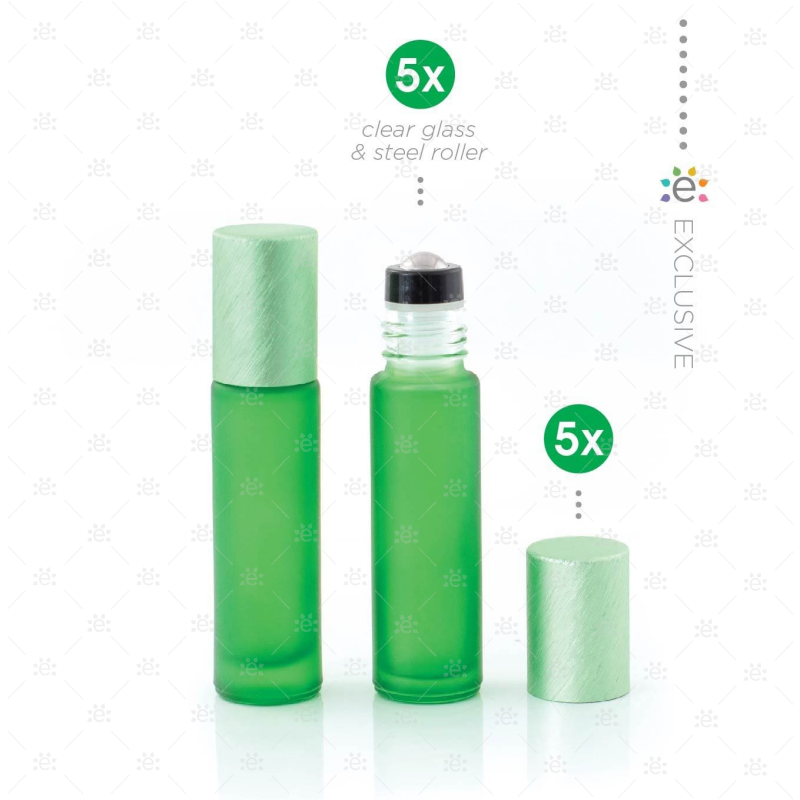 Deluxe Frosted 10Ml Green Roller Bottles With Metallic Caps & Premium Rollers (5 Pack) Glass Roller