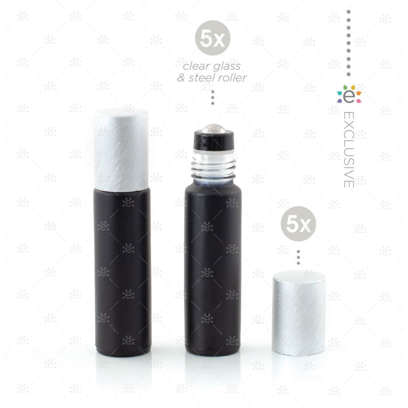 Deluxe Matte 10Ml Black Roller Bottles With Pewter Metallic Caps & Premium Rollers (5 Pack) Glass