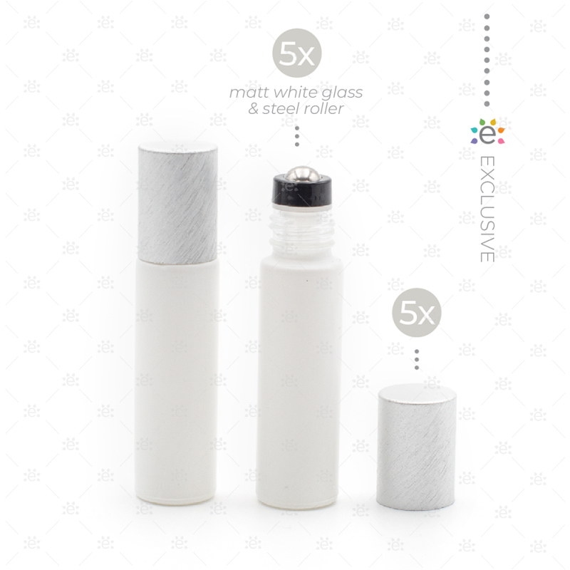 Deluxe Matte 10Ml White Roller Bottles With Pewter Metallic Caps & Premium Rollers (5 Pack) Glass