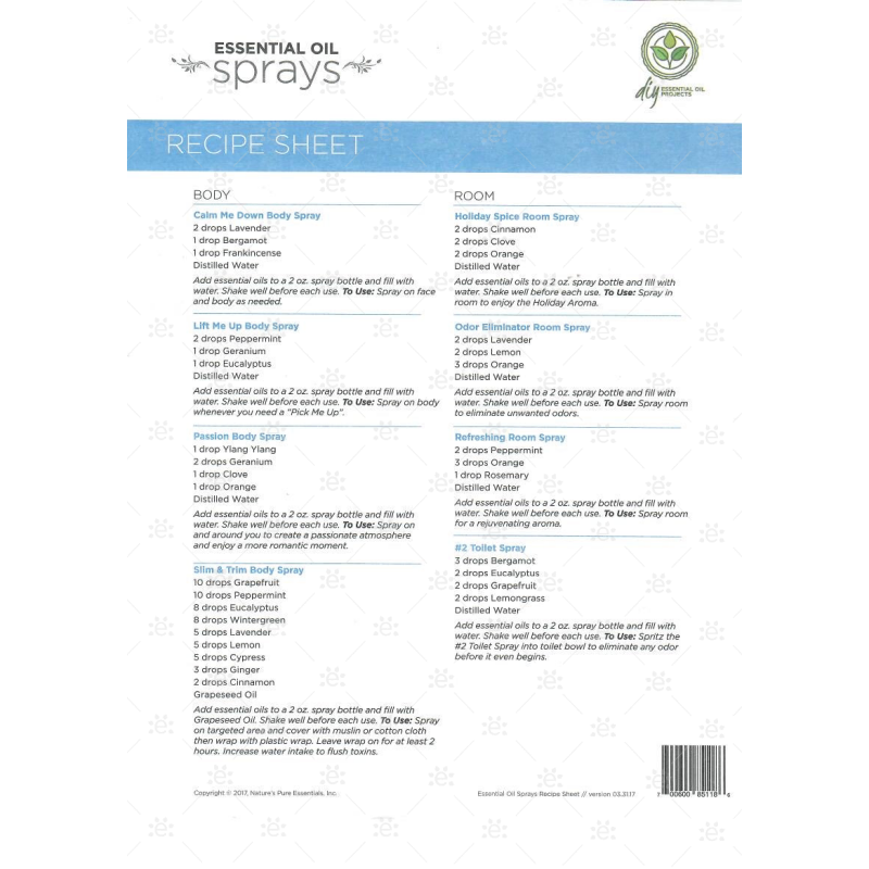 Essential Oil Spray Recipe Sheet - Single Tear Pads