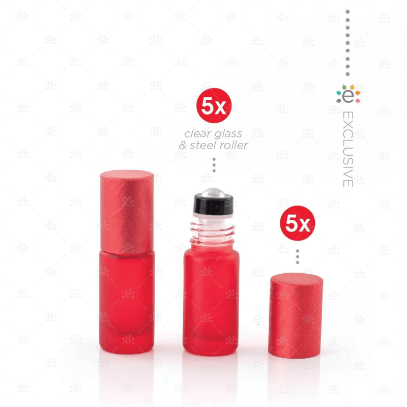Deluxe Frosted 5Ml Red Roller Bottles With Metallic Caps & Premium (5 Pack) Glass Bottle